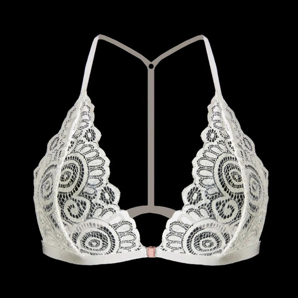 Reggiseni sexy in pizzo da donna Chiusura frontale Lingerie Comfort Reggiseno push up Comfort sottile Taglie forti Intimo senza schienale Bralette in pizzo floreale - immagine 5