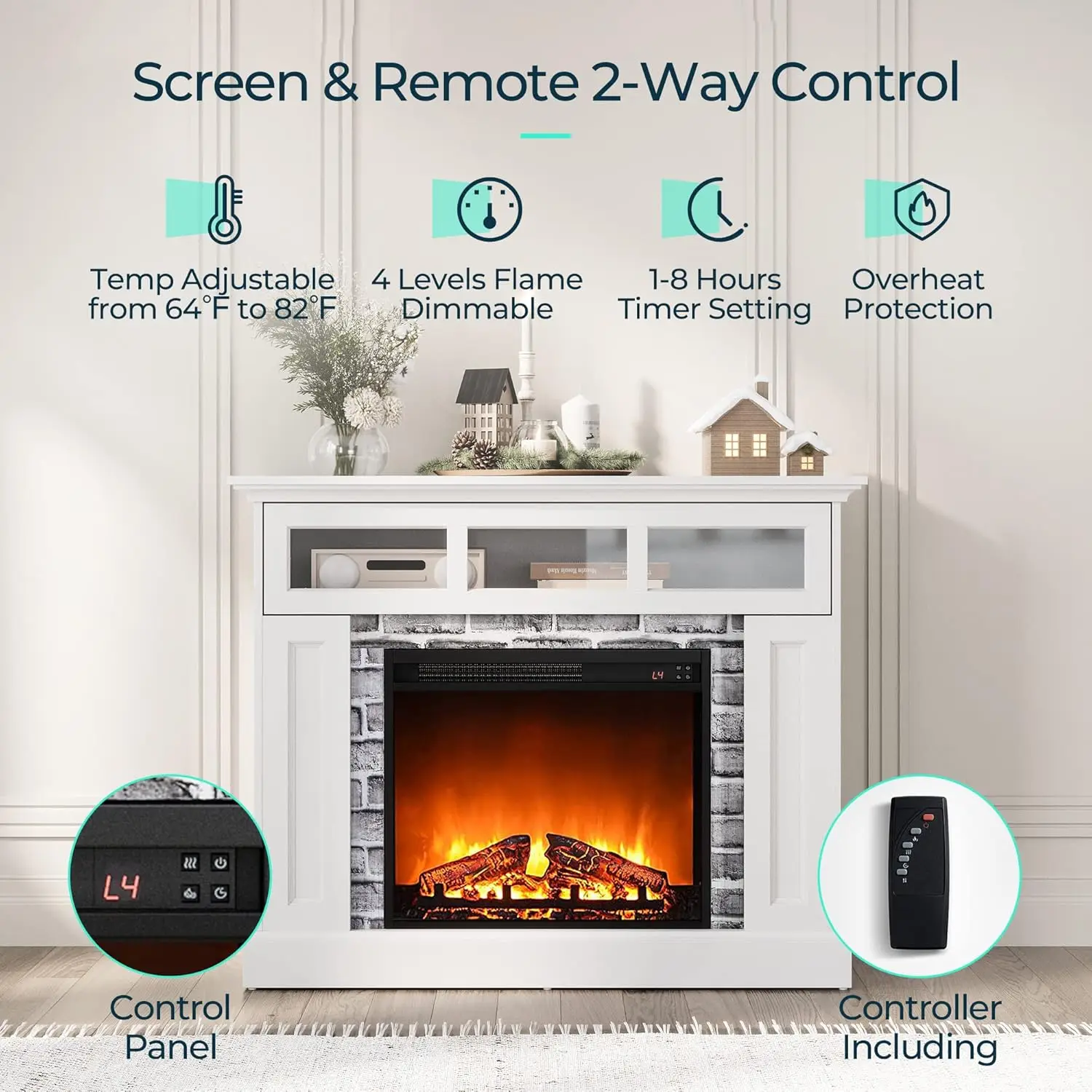 Electric Fireplace Mantel, LED Faux Fireplace Heater with Remote Control & Adjustable Flame, TV Console Table 5