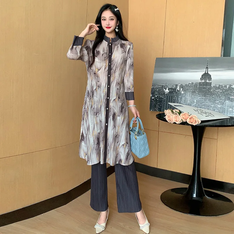 Miyake 2024 Spring Long Pleated Cardigan Jacket Geometric Floral Loose Pants Two-piece Set with Oversized Elastic Women's Set