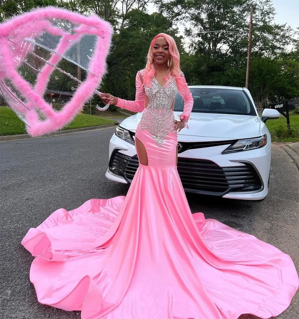 Light Pink Long Sleeve Mermiad Prom Dresses For Black Girls Sparkly Dress V  Neck Plus Size Luxury Beaded Evening Dresses 2022 - Prom Dresses -  AliExpress
