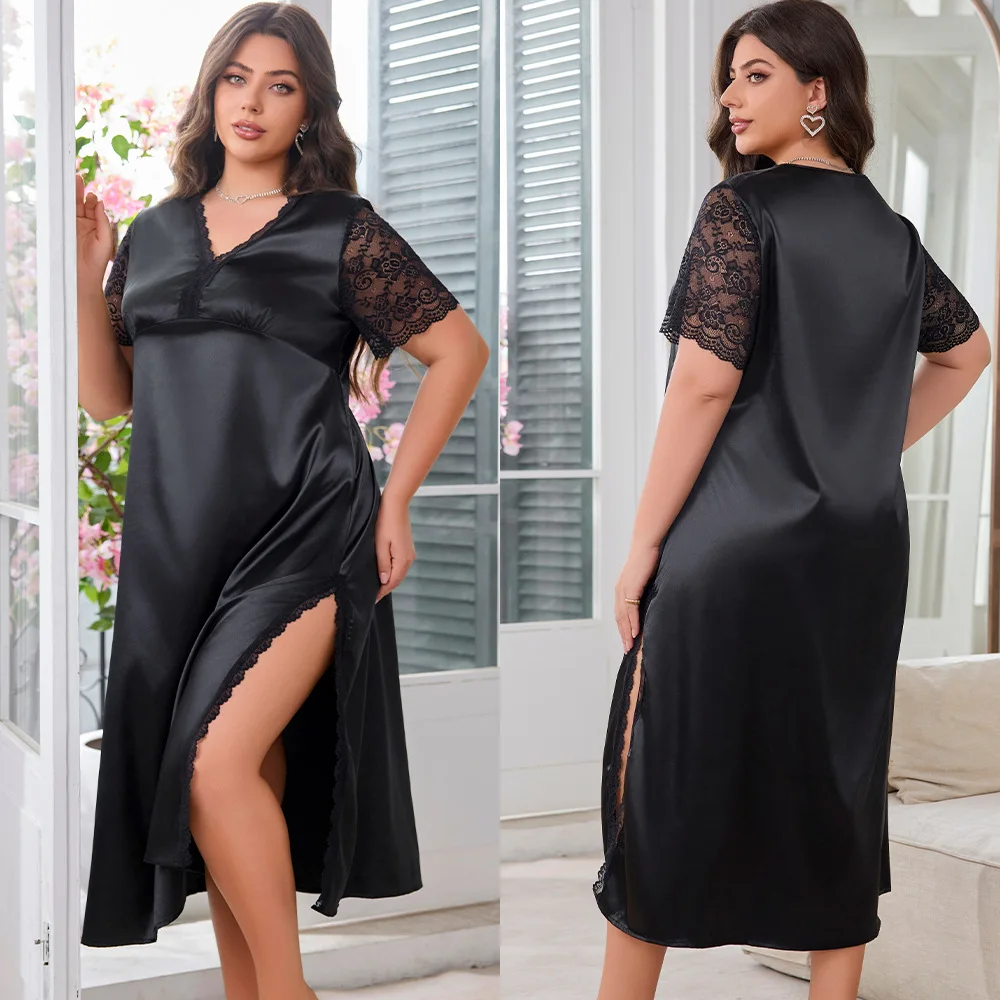 Elegant Long Nightgown Home Clothing Female Sleepwear Nighty Sexy Perspective Lace Short Sleeve Nightdress Satin Loungewear