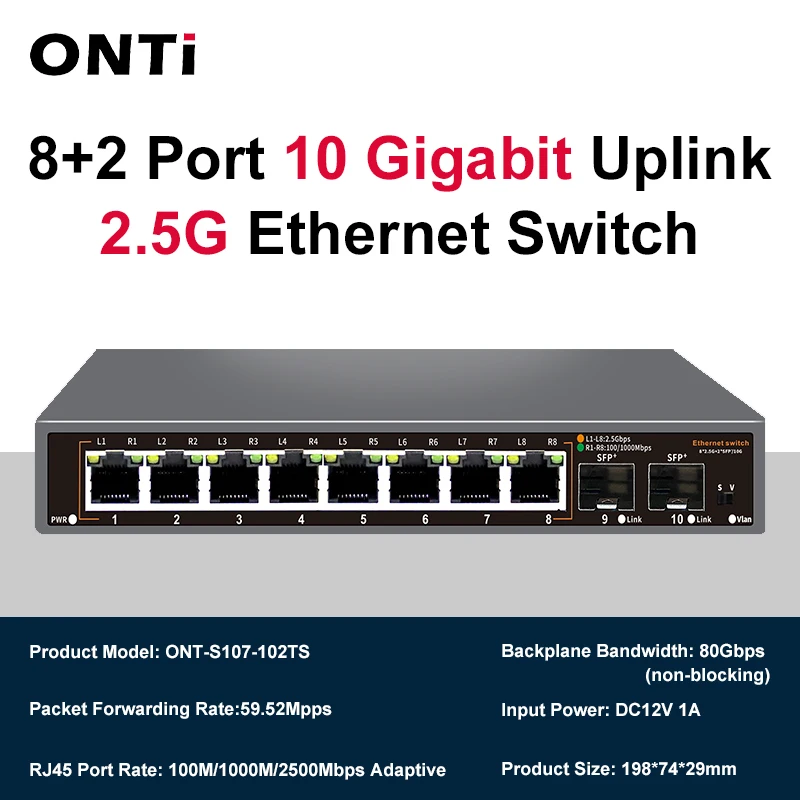 ONTi 2.5Gb 비관리형 이더넷 스위치 8포트 2.5GBASE-T 네트워크 스위치 10G SFP+ 포트 플러그 앤 플레이 팬리스 홈랩 스위치
