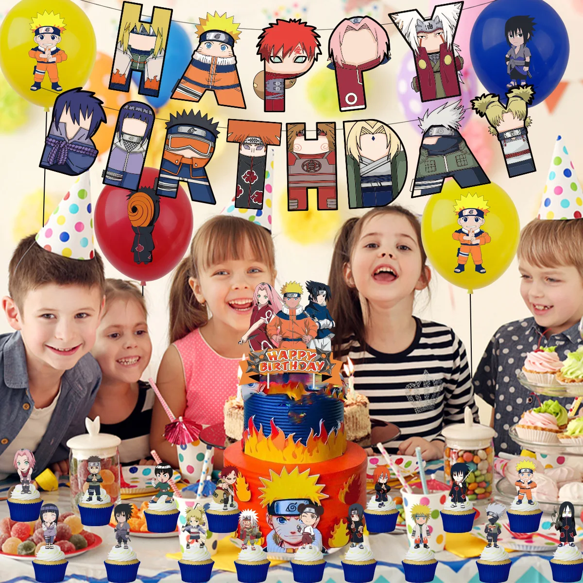 Naruto Anime Birthday Party Supplies Set - Decorations, Banner, Tablecloth, Plates, Balloons, and Gifts