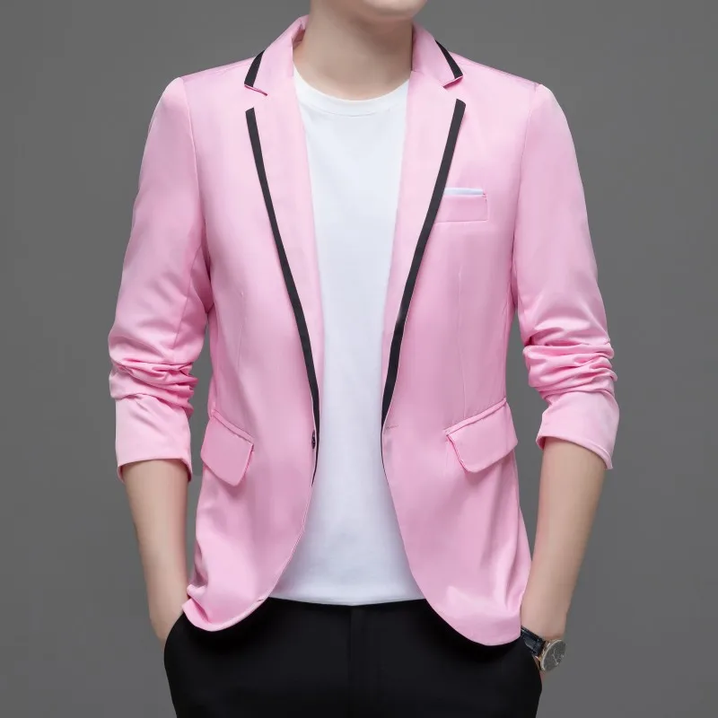 New Large Size Suit Men's Casual Color Blocking Business Suit Jacket Men 4 Color Black White Red Pink