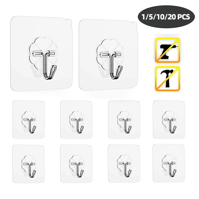 Wall Hooks Seamless Self Adhesive Hooks Door Wall Hangers Transparent Reusable Hanging Hook 1/3/5/10pcs for Kitchen Bathroom