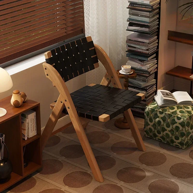 Retro Solid Wood Foldable Dining Chair, Saddle Leather Balcony Leisure Backrest Chair, Home Living Room Study Computer Chair