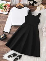 Ensemble de robe simple et élégante pour filles de 8 à 12 ans, jupe trapèze plissée au genou sans manches de couleur unie + gilet boutonné à manches longues, ensemble de robe de soirée décontractée au quotidien pour filles 2