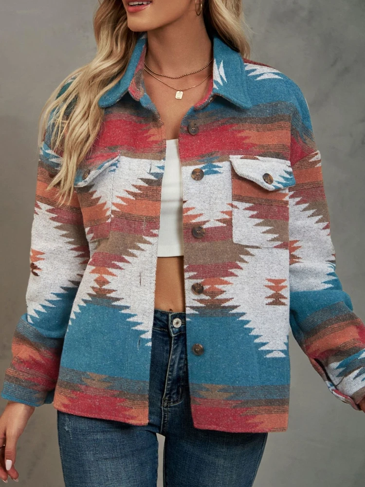 Women Wool Coats Blends Coat Casual Geometric Print Turn Down Collar Y2k Streetwear Jackets Work Elegant Splice Jacket 2025 - 5