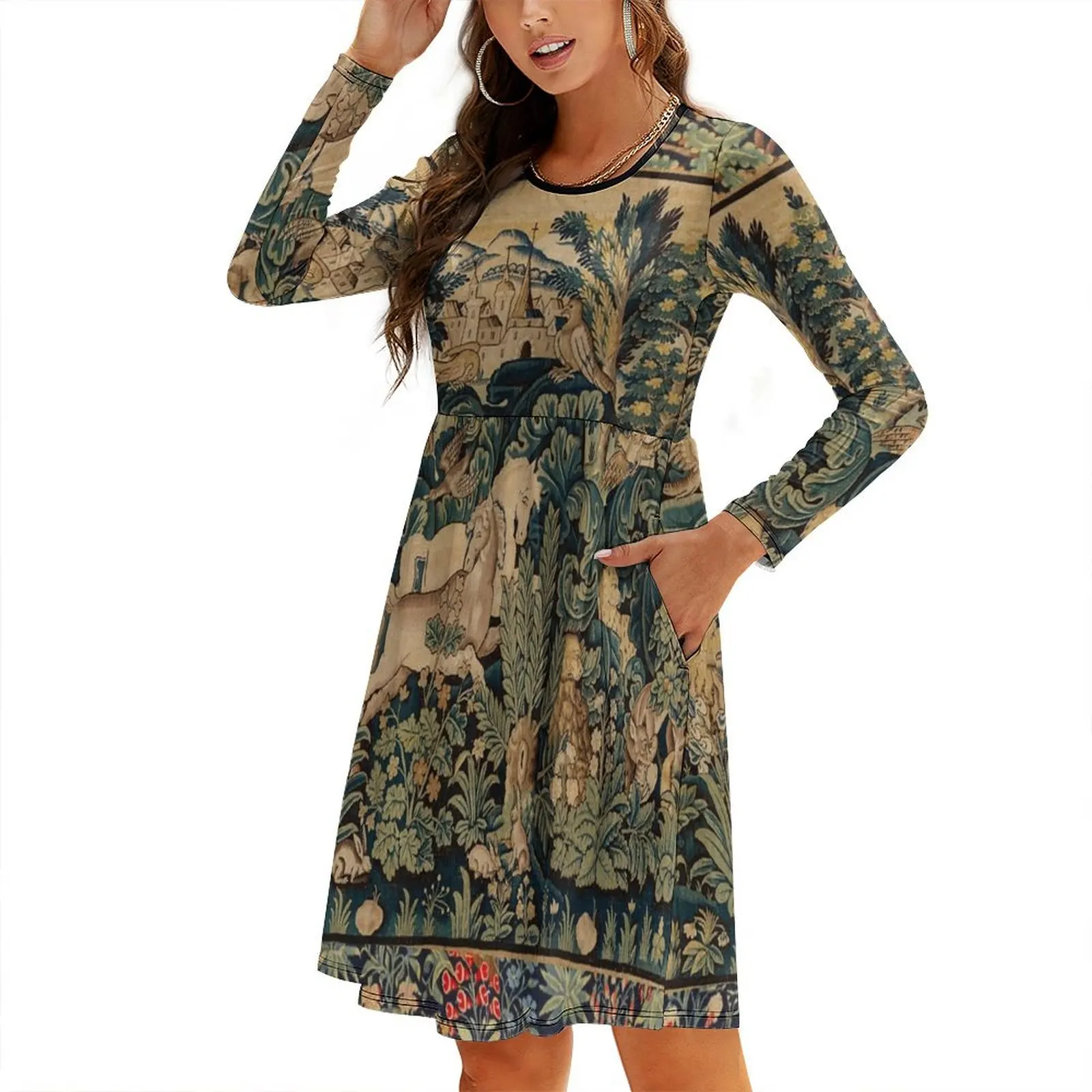 

FANTASTIC ANIMALS AND HORSES IN WOODLAND Blue Green Ivory Antique French Tapestry Round Neck Baggy Dress ceremony dresses