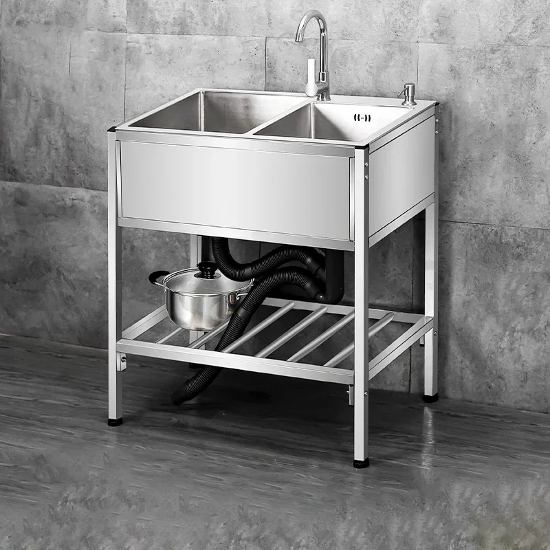 Double Basin Simple Kitchen Sink for Dining Room Reinforced Bracket Metal Sinks Modern Floor Standing Kitchen Sinks for Home