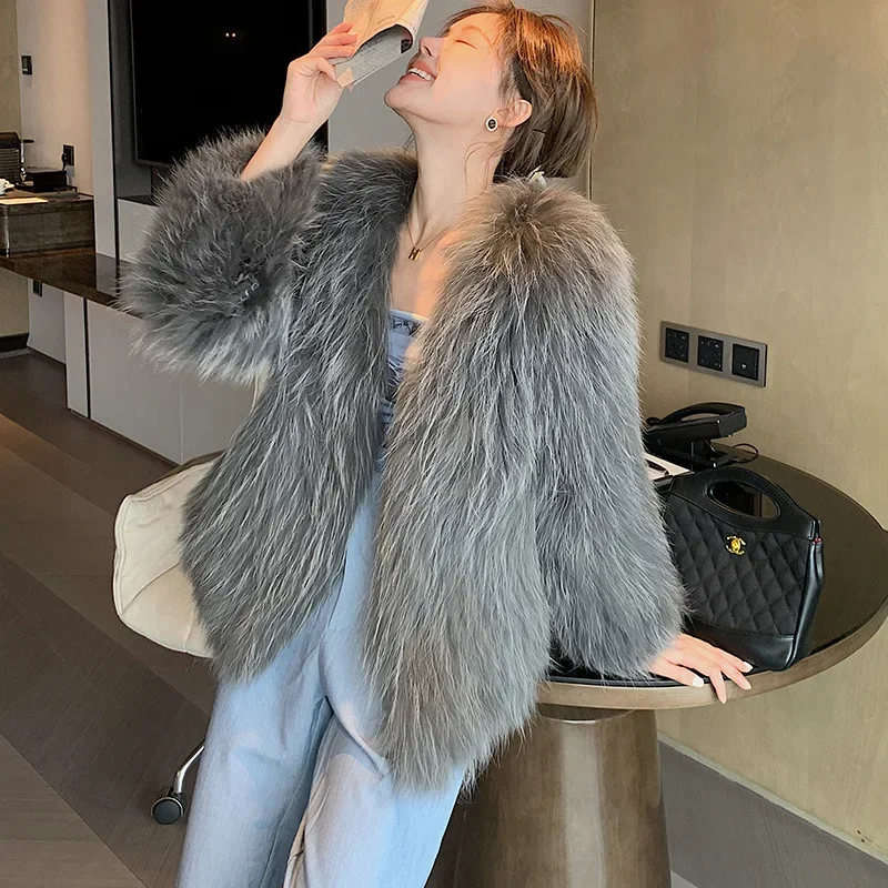 Raccoon Dog Fur Jackets Double-sided Woven Women's Clothing Middle Aged Coat Thick Warm Long Sleeve Cardigan Knitted Tops Slim