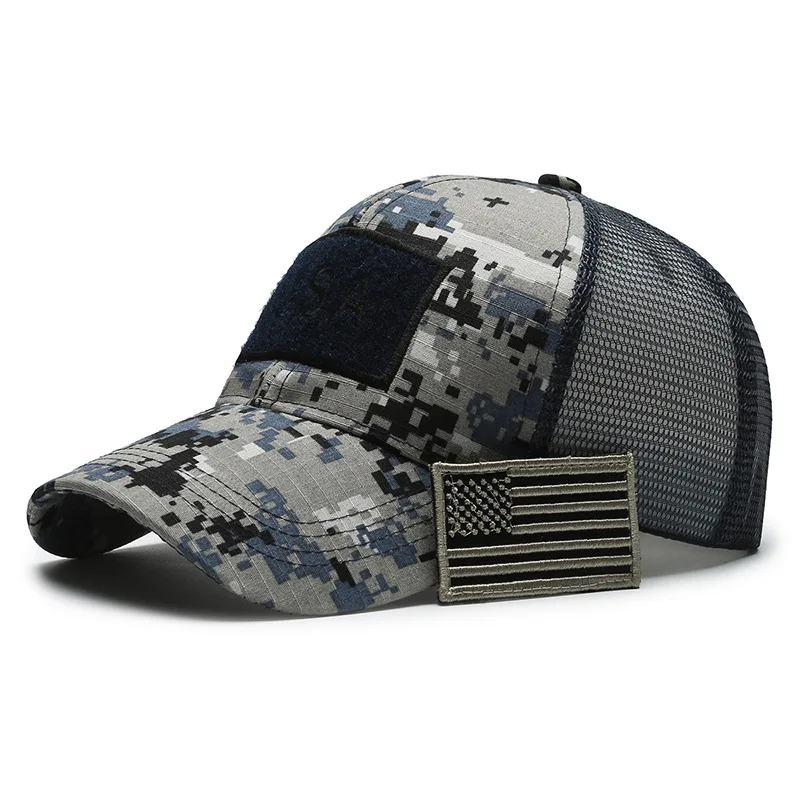 Gorra de béisbol de camuflaje con bandera americana para hombre, sombrero con visera ajustable y elegante, táctica transpirable para exteriores, Montañismo