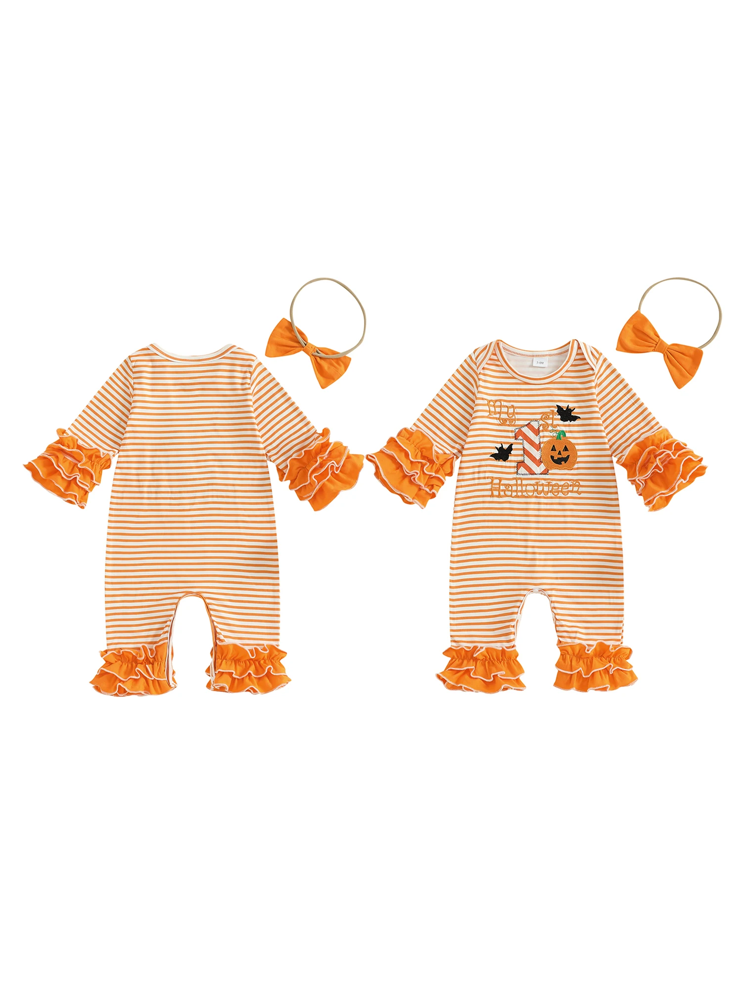 Baby Mädchen Halloween Strampler Kürbis Geist Stickerei Gestreifte Langarm Overalls und Niedliches Stirnband Set für Kleinkinder – Detail 3