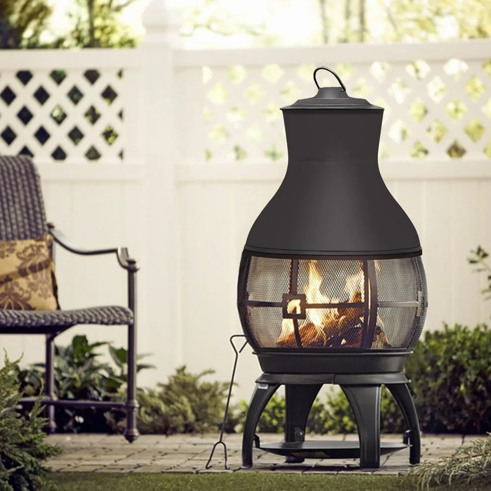 Fire Pit Wood Burning Chiminea Outside Fireplace Patio Small Firepit, Size 17.7" W x 35.6" H, Brown-Black