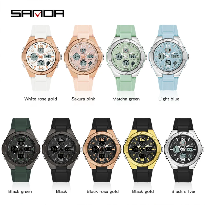 SANDA 6062 Luxury New Ms. LED Digital Sport Watch Fashion Casual Women Girl Military 50M Waterproof Quartz Ms. Wristwatches 6