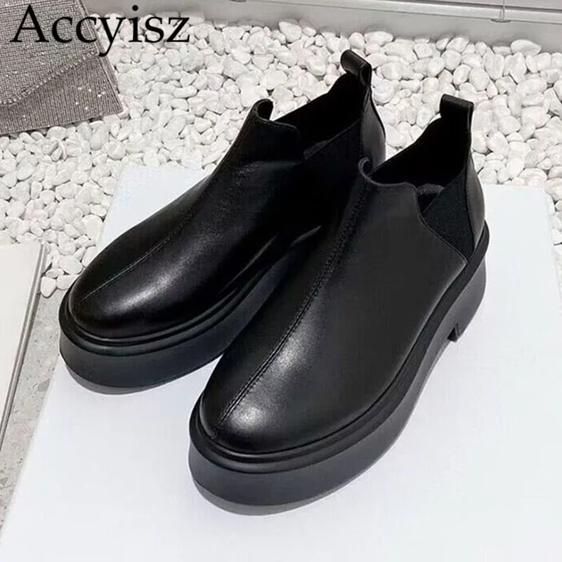 

Autumn Flat Thick Bottom Ankle Boots Women Genuine Leather Round Toe Elastic Band Short Boots Solid Color Platform Walking Shoes