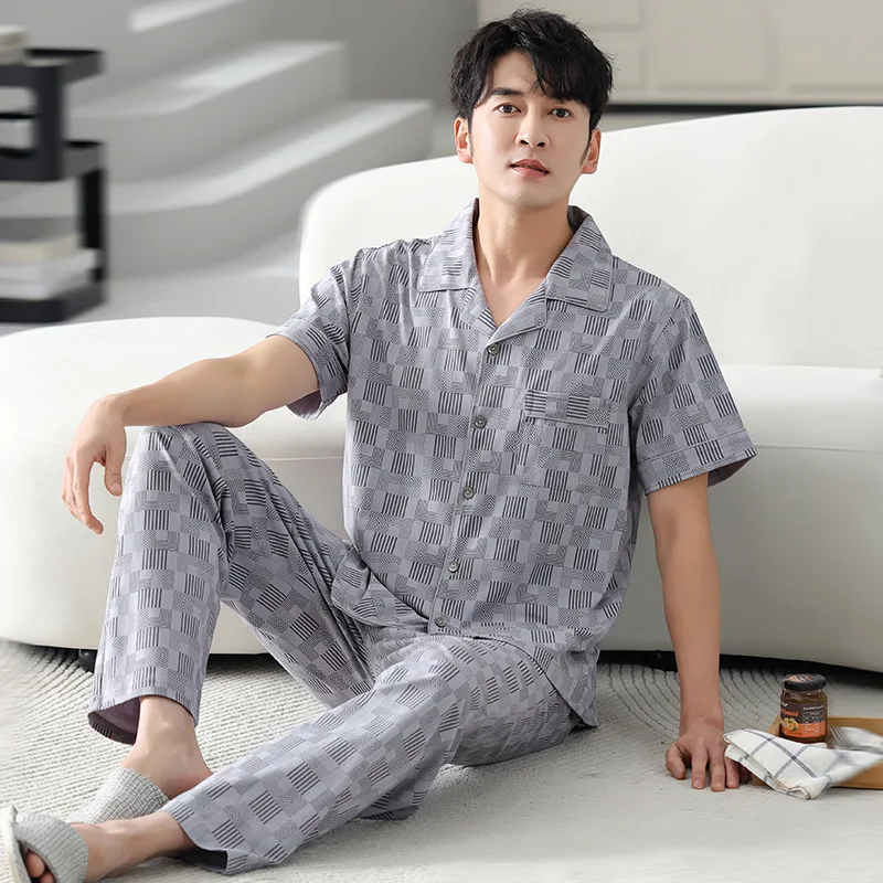 Summer Men's Thin Pure Cotton Pajamas Lapel Short Sleeve Cardigan Pants Oversized Home Clothing Set Casual Comfortable Sleepwear