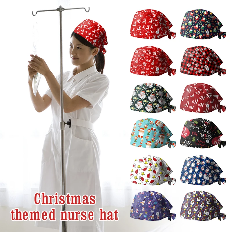 Unisex Scrub Cap Cartoon Christmas Printing Scrubs Hat Women Buttons Beauty Salon Pharmacy Caps Lab Pet Doctor Surgicals Cap unisex cotton adjustable scrubs caps tieback elastic pet grooming hats floral printing hat working cap beauty salon working caps