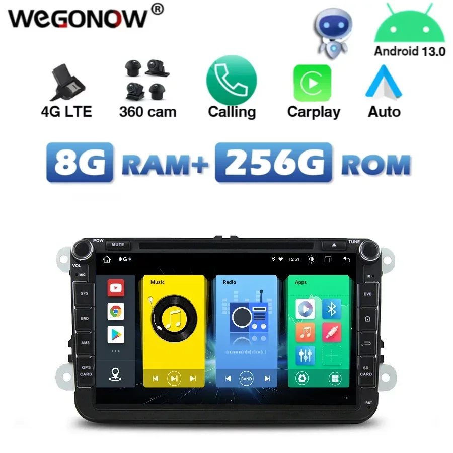 

720P 4G SIM Wireless Carplay Car DVD Player Android 13.0 8GB+256GB GPS RDS Radio wifi Bluetooth for VW PASSAT Tiguan Skoda Leon