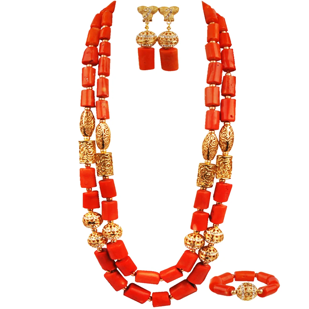 

Оранжевый нигерийский коралловый Свадебный комплект африканские бусы ювелирный набор для мужчин и женщин