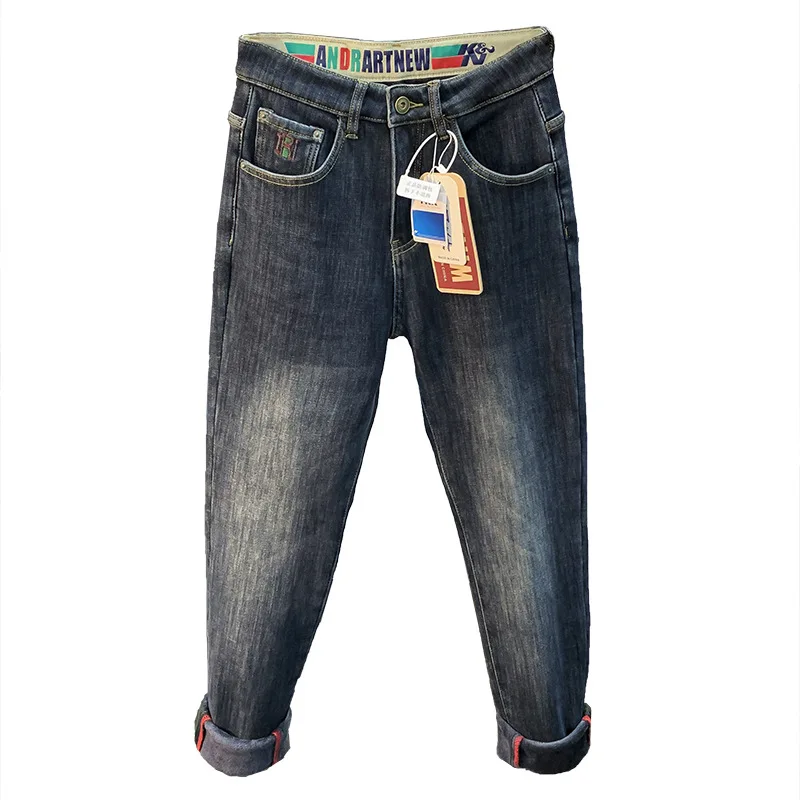 Fleece-Lined Thick Jeans Men's Winter 2023 New Casual Small Straight Pants Slim-Fit Fleece All-Matching Trousers