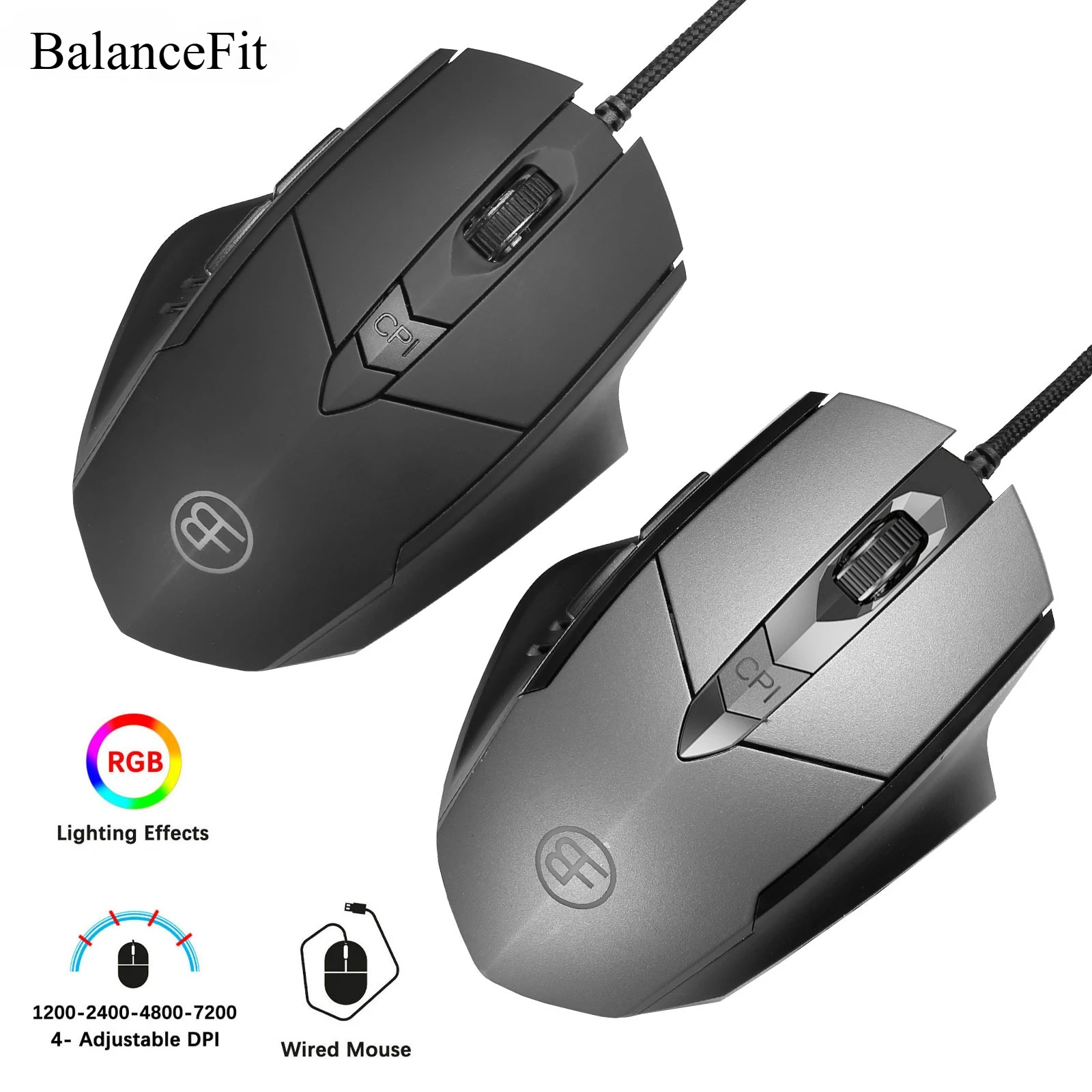 Mouse cablato, 7200 DPI, mouse da gioco ergonomico, mouse da gioco per computer ad alte prestazioni con 6 pulsanti, RGB, per PC desktop portatile