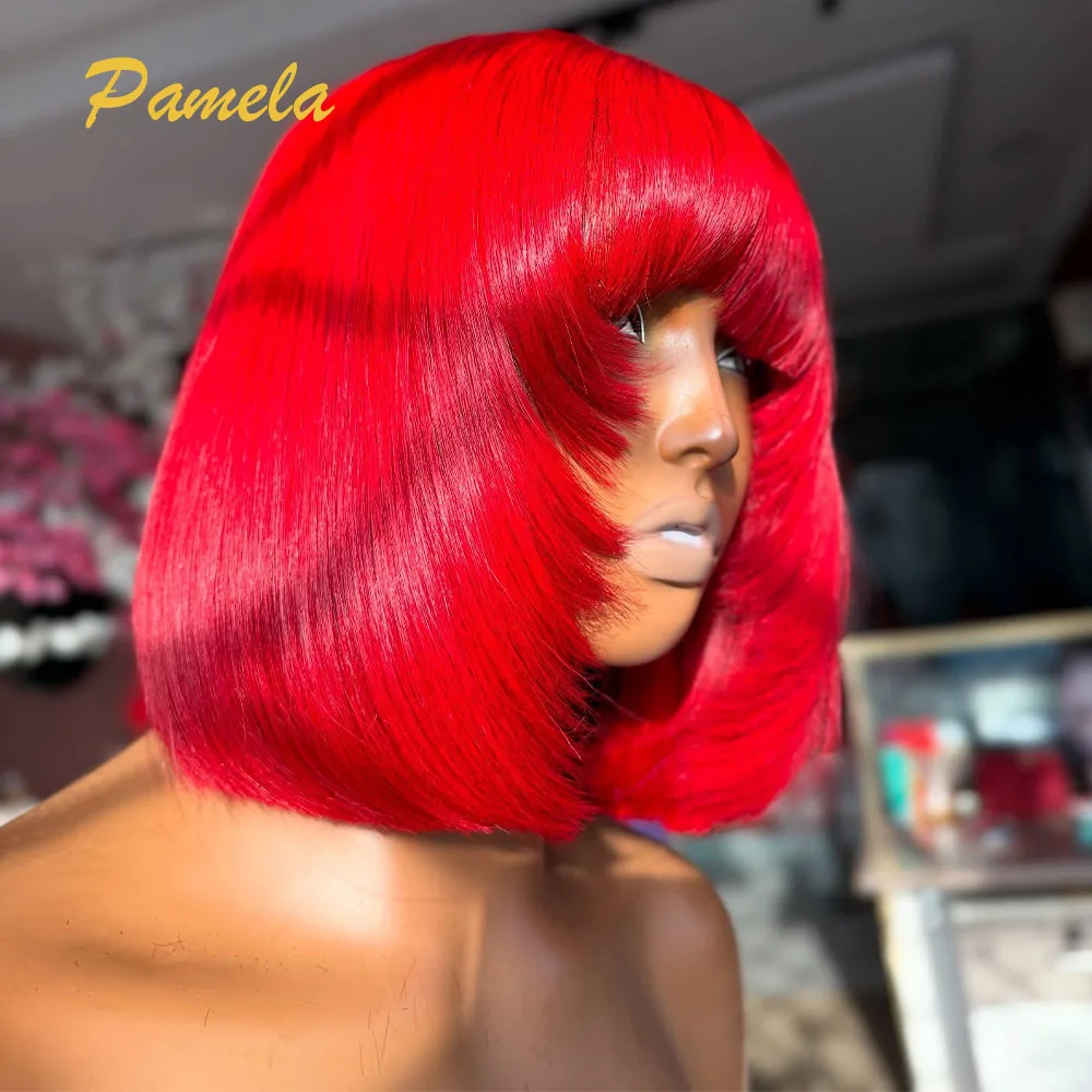 400 Density Short Straight Bob Red Color Human Hair Wig 13x4 Transparent Lace Front Human Hair Gluless Wig Ready To Wear