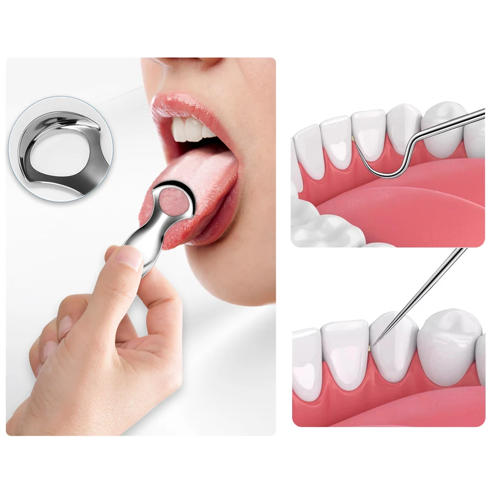 Mini Stainless Steel Tongue Scraper Toothpick Set Tongue Coating Teeth Cleaning Bad Breath Removal Oral Hygiene Cleaning