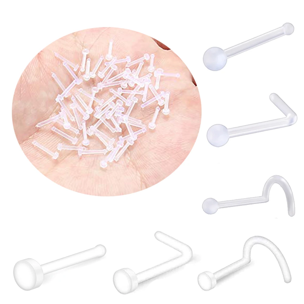 10 100pcs Clear Acrylic Nose Ring Stud Transparent Invisible Nostril Ear Piercing for Women Men