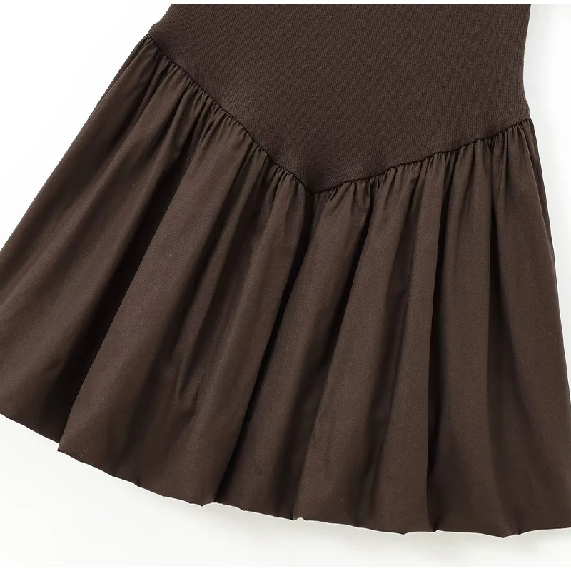 Elegant Pleated Mini Dress Women Brown O-Neck Sleeveless A Line High Waist Party Dresses Fashion Casual New Zipper Robes