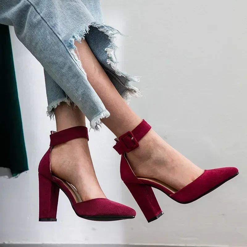 Women Pumps Fashion Ladies Shoes Party Wedding Square High Heel Pointed Toe Red Wine Ladies Pumps 2