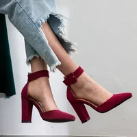 Women Pumps Fashion Ladies Shoes Party Wedding Square High Heel Pointed Toe Red Wine Ladies Pumps 2