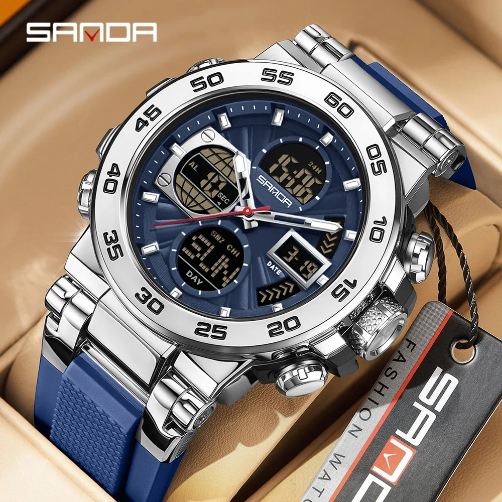 SANDA 6312 Fashion Popular Men's Watch Multi functional Large Dial Waterproof Electronic Quartz Watch Dual Display Student Watch view 2