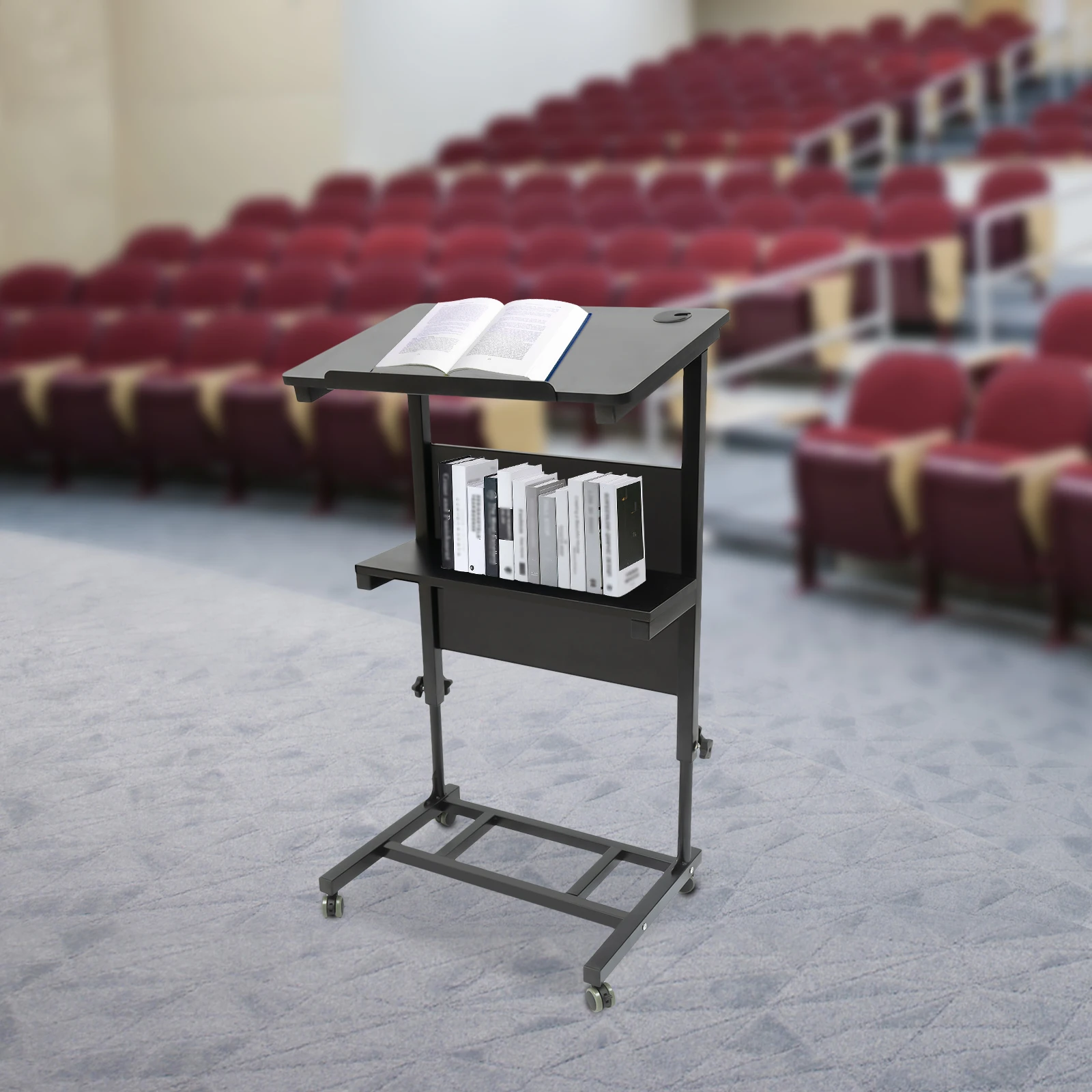 Mobile Stand Up Lectern Podium Ironwork Height Adjustable Desk with Wheels Podium Black Portable