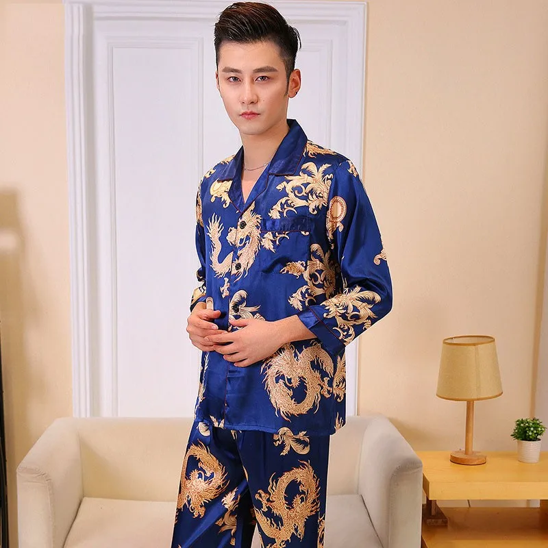 Men Loose Sleepwear Faux Silk 2PCS Pajamas Suit Spring Autumn Casual Nightwear Full Sleeve Pant Home Wear
