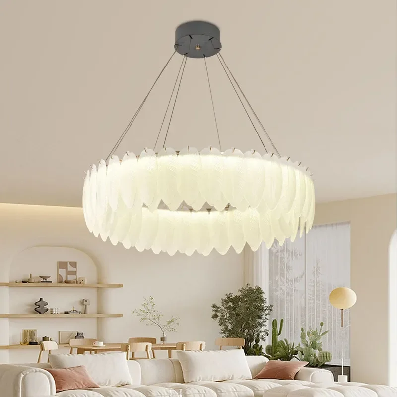 Nordic Feather Glass Crystal Led Chandelier for Living Dining Room Kitchen Bedroom Pendant Lights Home Decor Lusters Luminaires