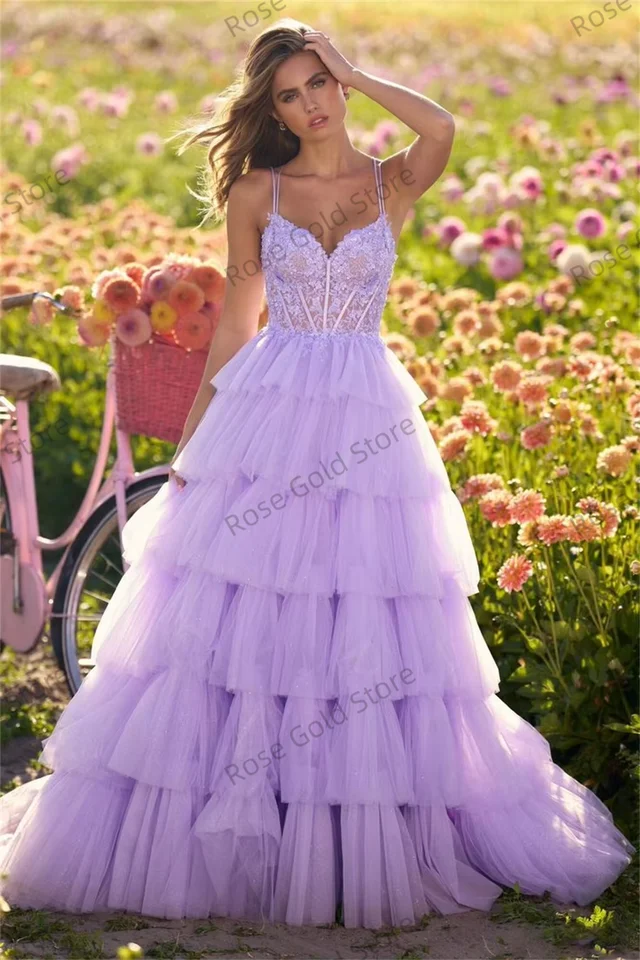 Lavender Boho Evening Dress Tiered Pleated Tulle Party Dress 2024 Spaghetti  Strap    Customized Gala Robes - AliExpress 320