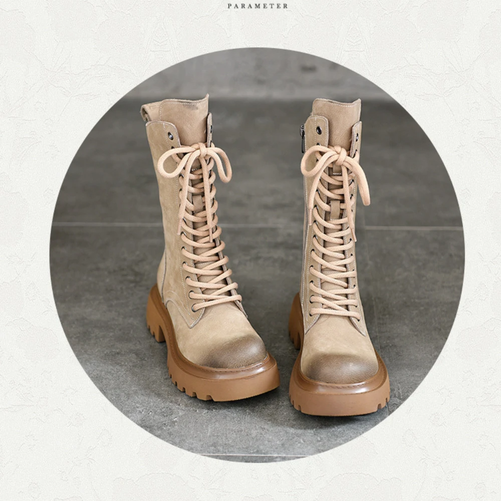 2024 New Ladies Autumn Winter British Style Lace Up Martin Boots Fashion Trend Platform Women's Mid-calf Boots