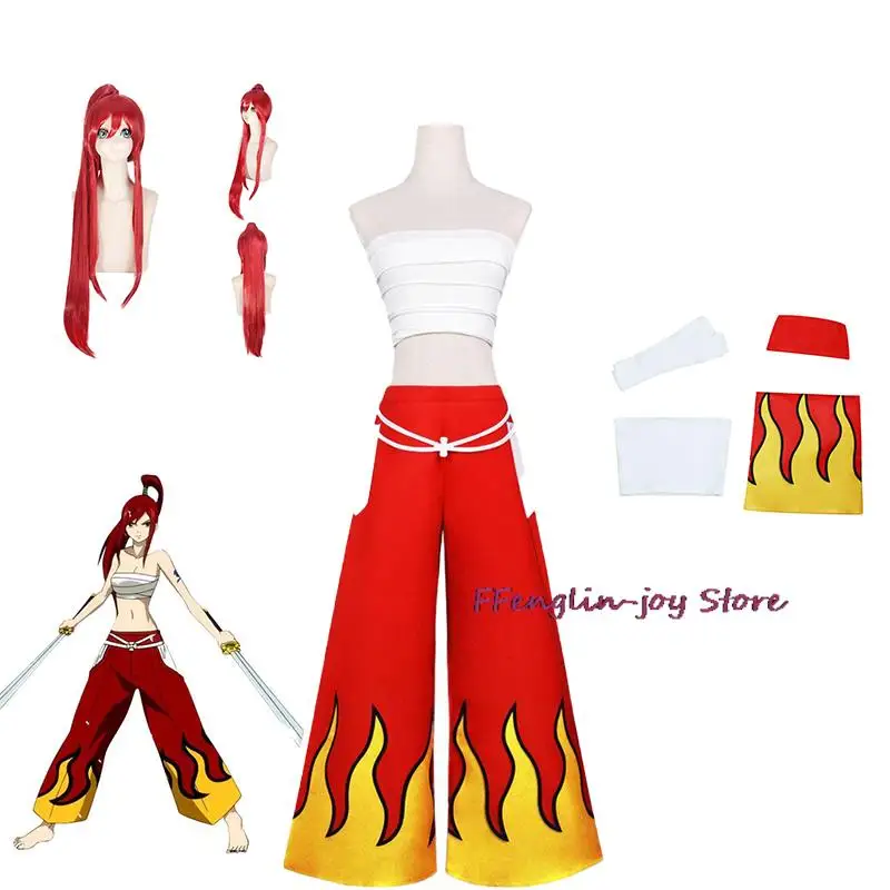 

FAIRY TAIL Anime Cosplay Women Japanese Anime Role Erza Scarlet Costume Pants White Tube Tops Red Cool Set