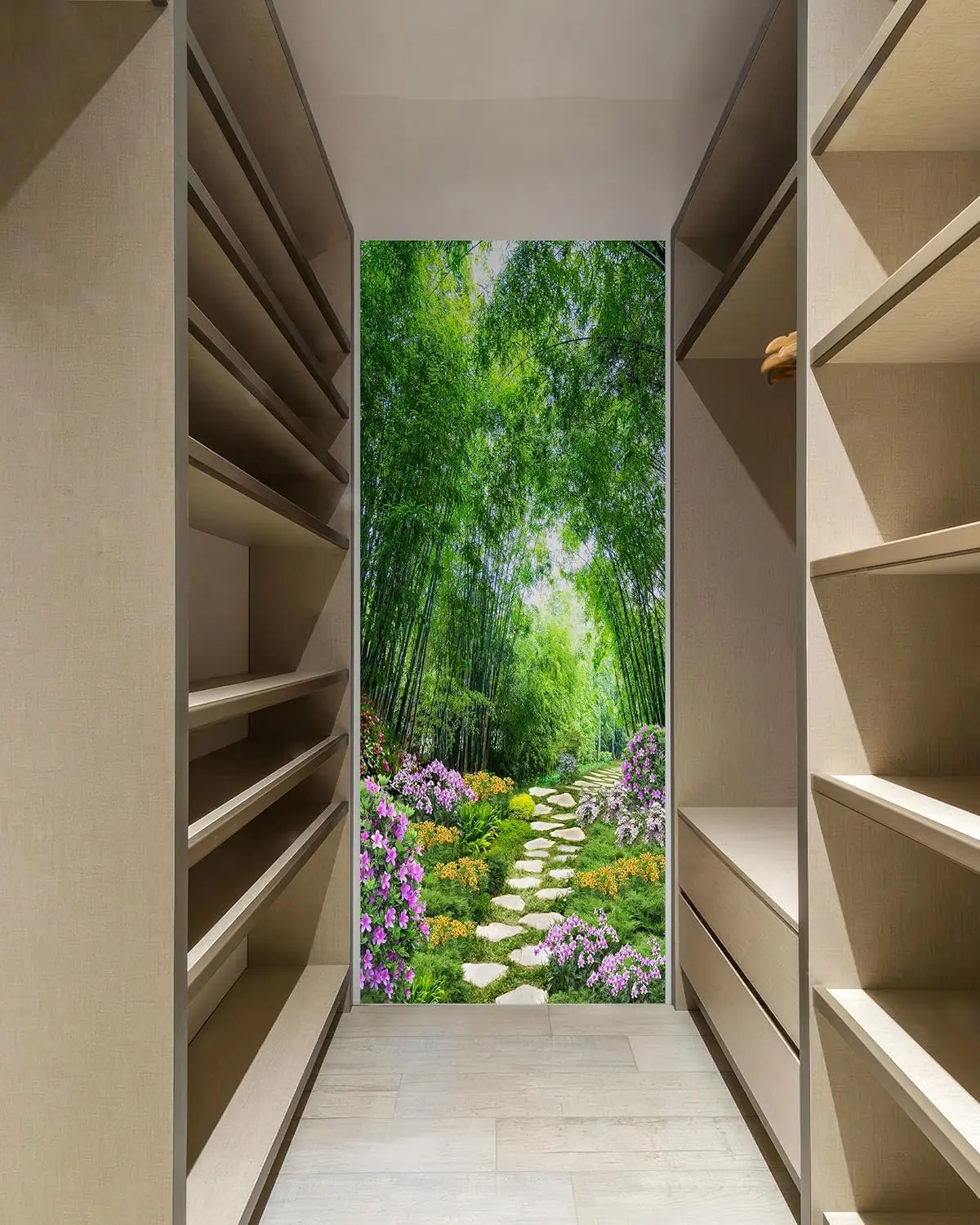 대나무 정원 경로 3D 도어 스티커 PVC 방수 자체 접착식 자연 풍경 이동식 욕실 장식