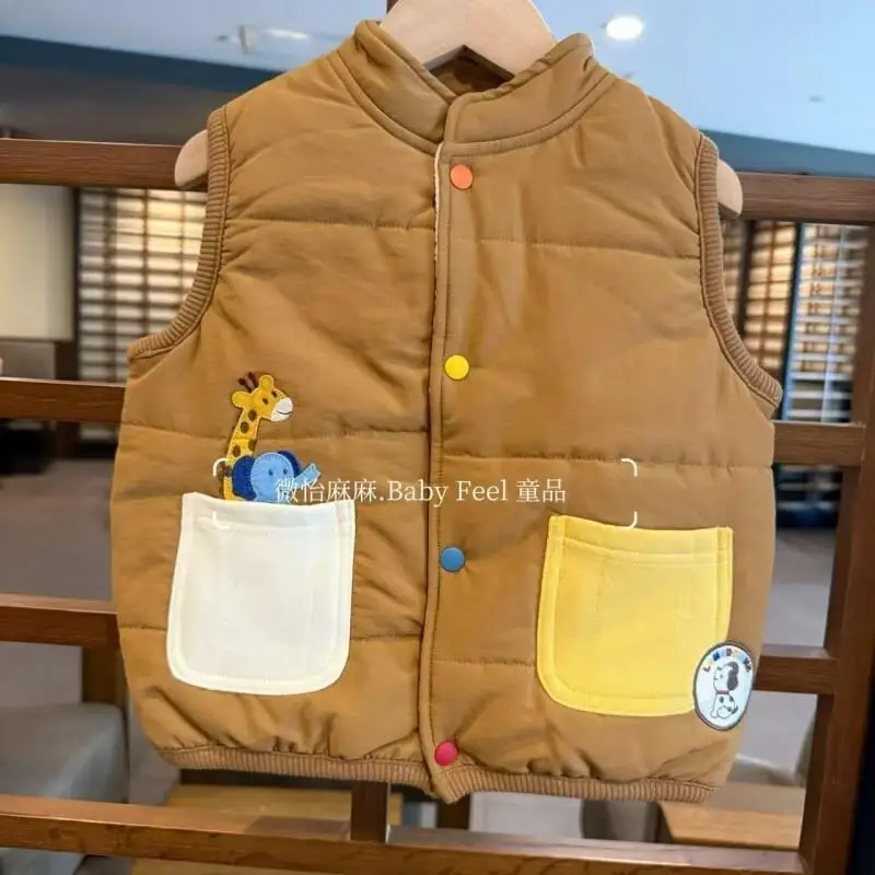 봄 가을 겨울 소년 소녀 귀여운 조끼 따뜻한 면 플리스 안감 두꺼운 귀여운 자수 기린 코끼리 조끼 아동복
