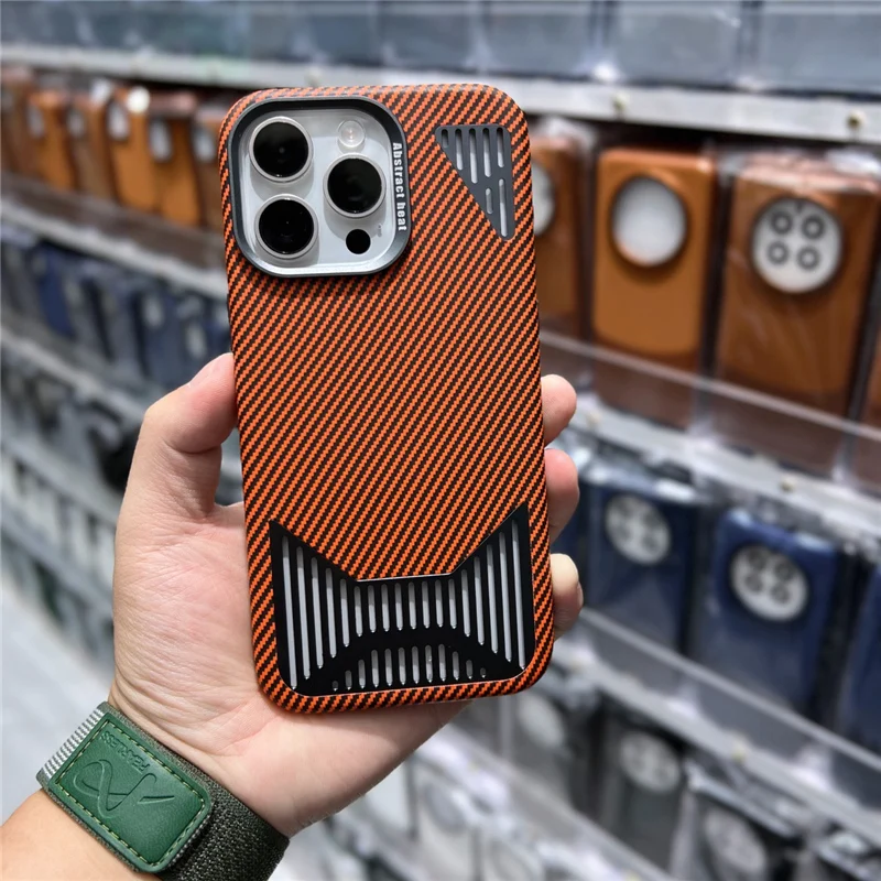 

Aluminum hollow Carbon fibre texture Magsafe case for iphone 15 14 13pro 12 14pro max Heat dissipation hard protective cover