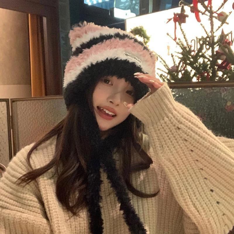 Fashion Cat Ear Women Knitted Hat Thick Warm Contrast Stripe Winter Beanies Cap Ear Protection Windproof Pullover Hat