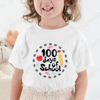 100 Days Of School Print T-shirt Summer Fashion Casual Tees Children Girls Short Sleeve Round Neck Tops Pure Color Loose T Shirt 1