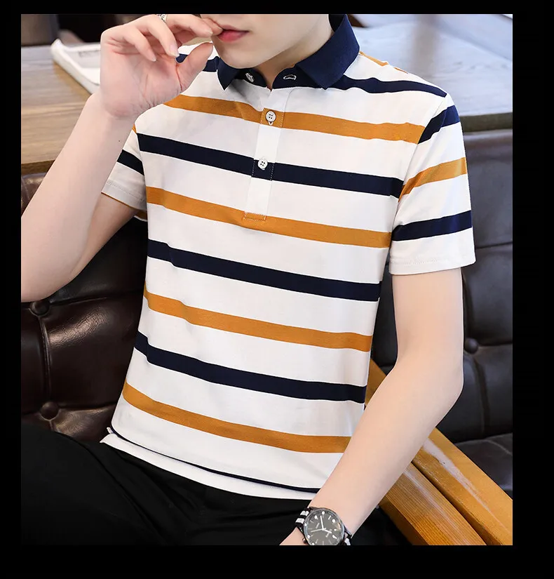 Summer new men's short-sleeved T-shirt striped cotton thin section business lapel men's polo shirt men's models 14 Se95934a6f5cb4353bf1a7bf01a442cef7