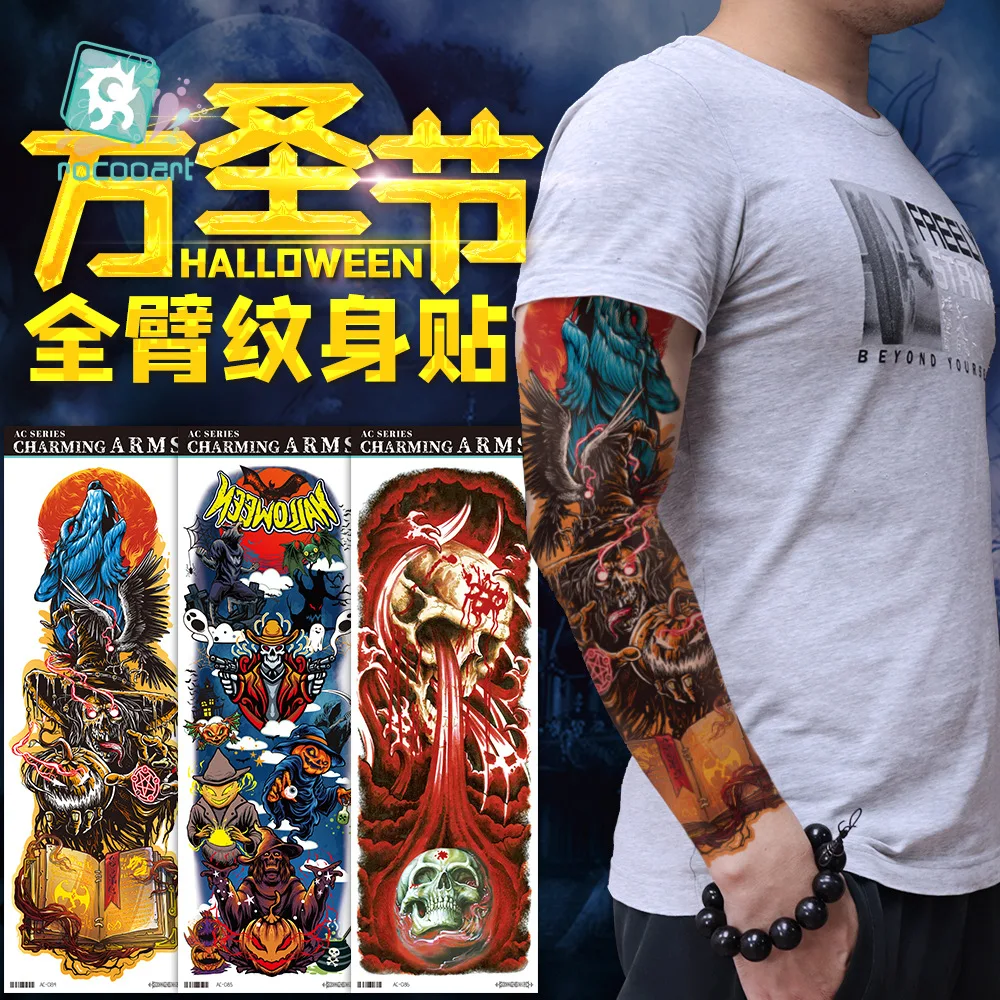 New Full Arm Waterproof Halloween Tattoo Personalized Trend Flower Arm Temporary Tattoos Sticker Size:158 * 480mm