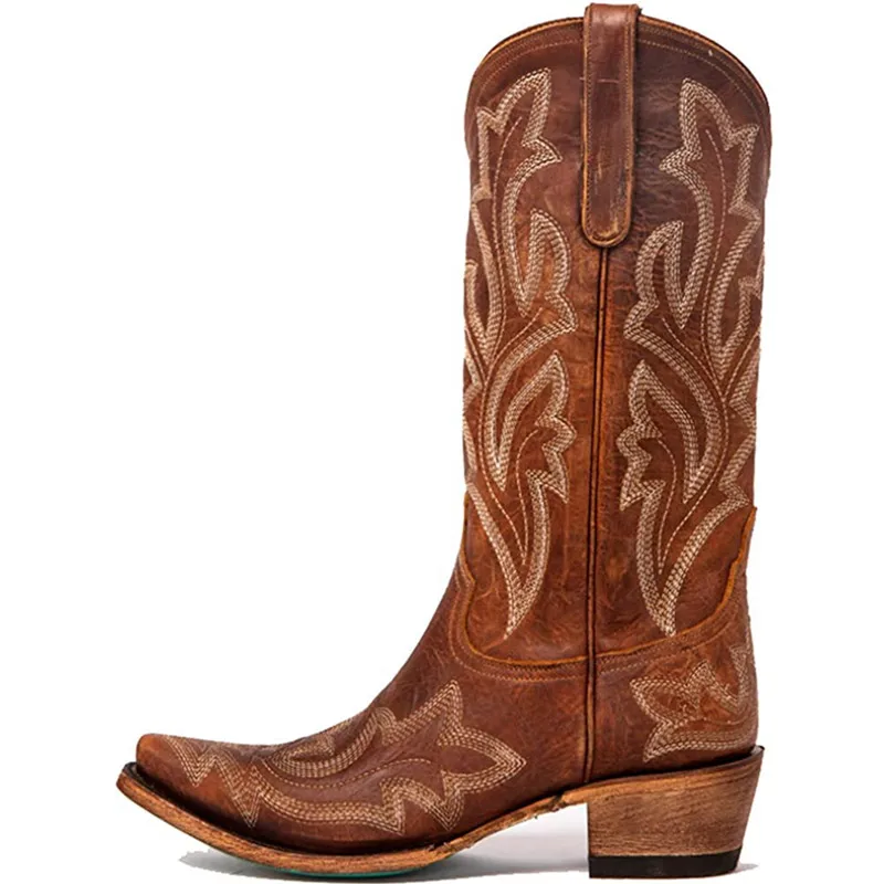 Ladies's Western Boots Cowboy Retro Vintage  Embroidery Style Fall Fashion Boots Knee-length Classic Women's Shoes Plus size 43