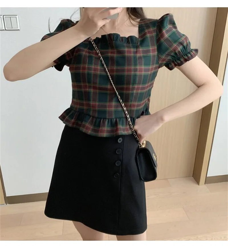 PLAZSON 여성용 격자 무늬 프린트 블라우스, 반팔, 스퀘어 칼라 블라우스, 블라우스 셔츠