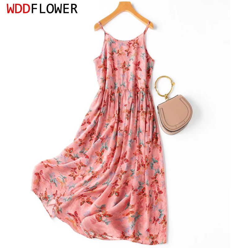 

Women Slip Dress 100% Mulberry Silk Pink Floral Printed Chic Spaghetti Straps Chemise Dresses Big Hem Summer Beach M L XL MM971