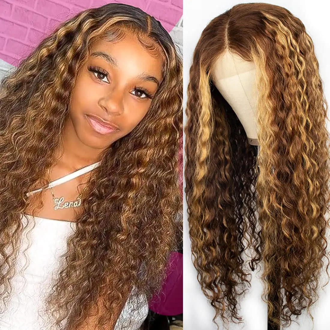 

Highlight Deep Curly Lace Front Human Hair Wig 34 inches Ombre Honey Blonde Colored 180% Density Deep Wave HD Lace Frontal Wigs